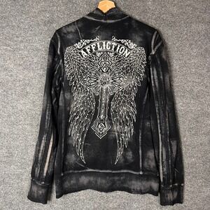 Affliction Track Jacket Mens L Black Good Y2K Winged Cross Acid Wash Distressed